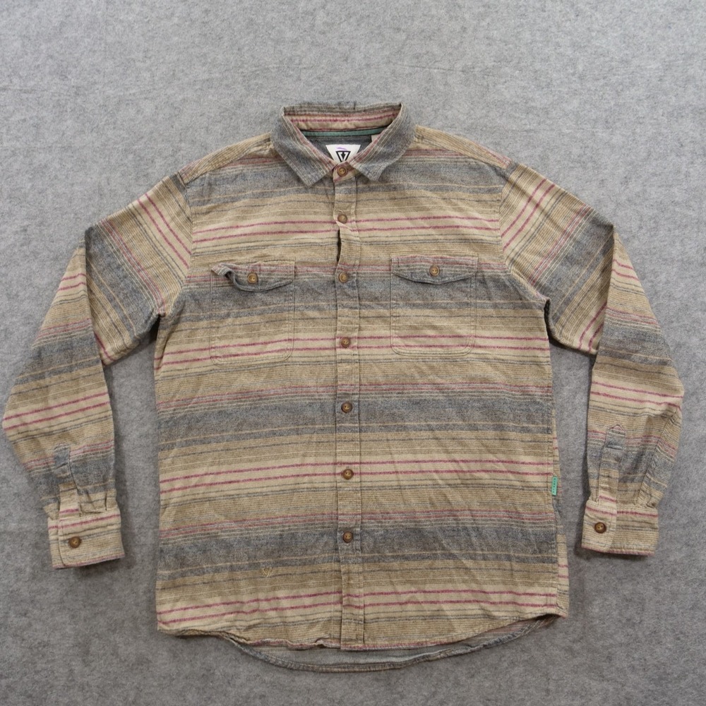 Vissla Shirt Mens Large Beige  Brown Button Plaid Long Sleeve Flannel
